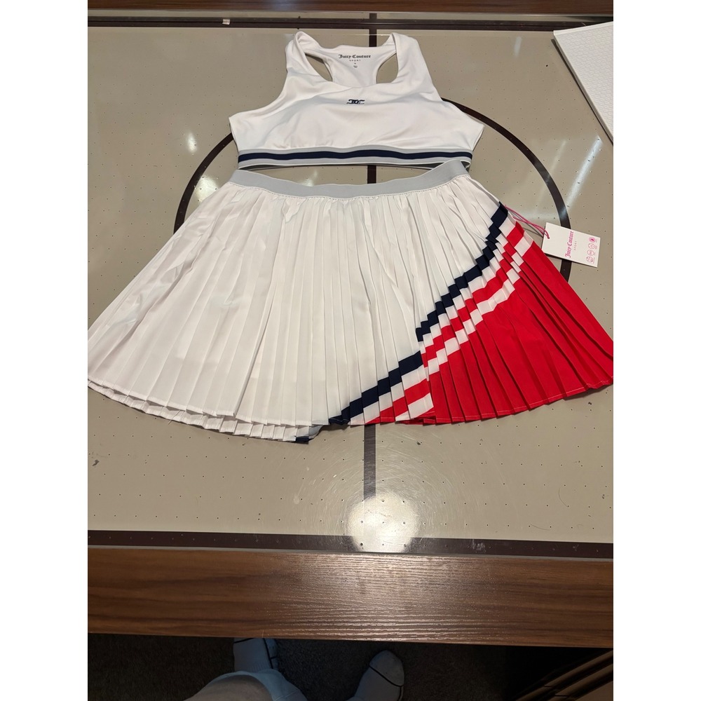 Juicy Couture Sport Tennis Set XL White Red Blue Pleated Skort & Sports Bra NWT - Picture 3 of 7